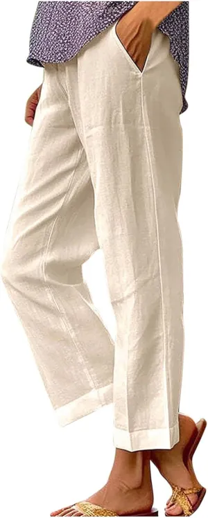 Womens Linen Pants with Pockets Casual Ankle Pant High Waist Comfy Lightweight Loose Trousers Beach Cropped Pants