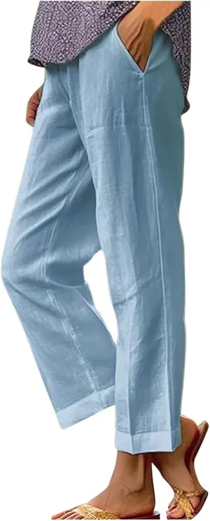 Womens Linen Pants with Pockets Casual Ankle Pant High Waist Comfy Lightweight Loose Trousers Beach Cropped Pants
