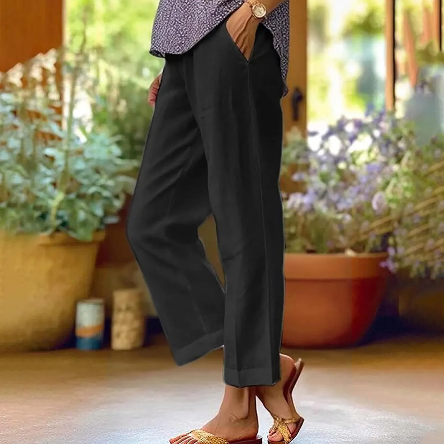 Womens Linen Pants with Pockets Casual Ankle Pant High Waist Comfy Lightweight Loose Trousers Beach Cropped Pants