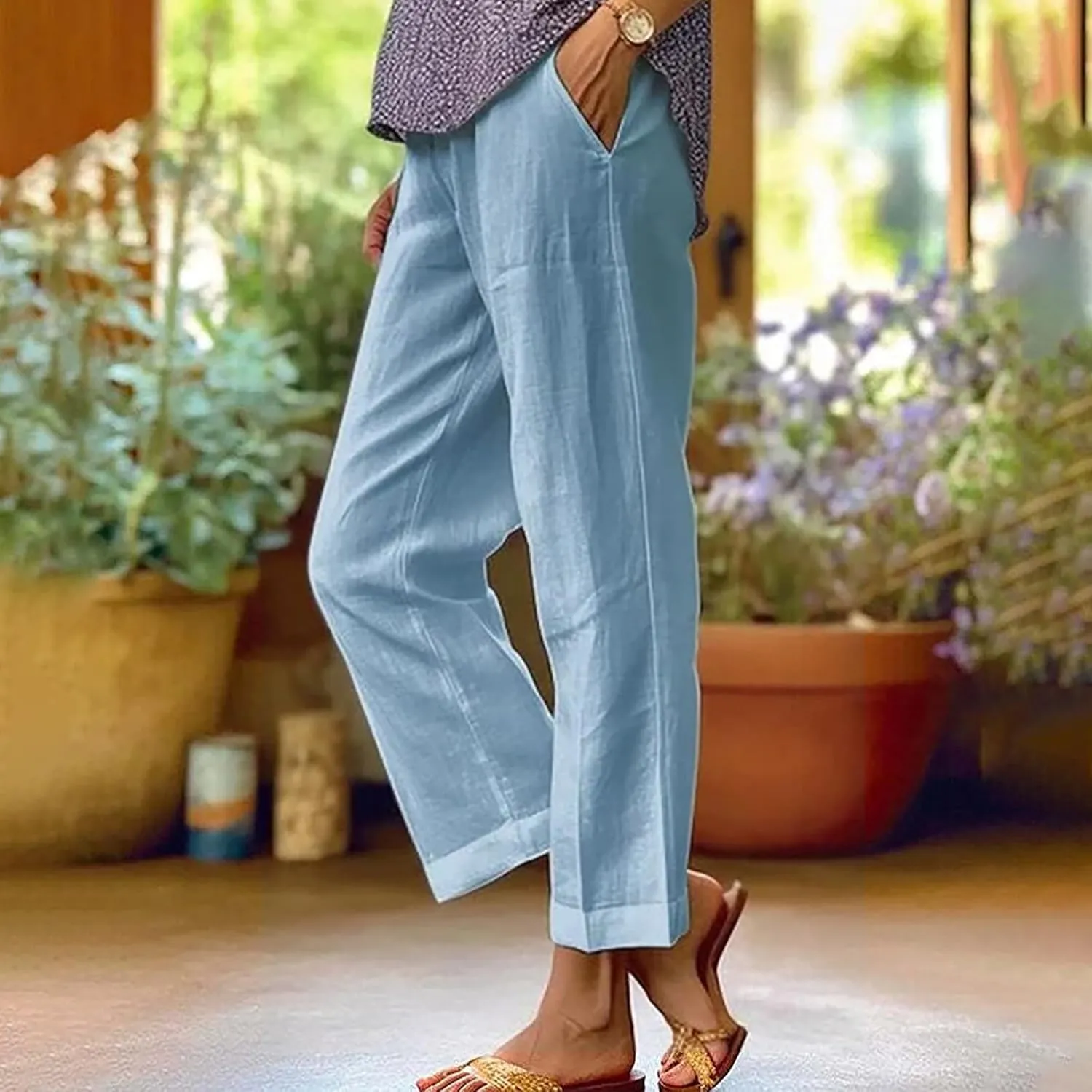 Womens Linen Pants with Pockets Casual Ankle Pant High Waist Comfy Lightweight Loose Trousers Beach Cropped Pants