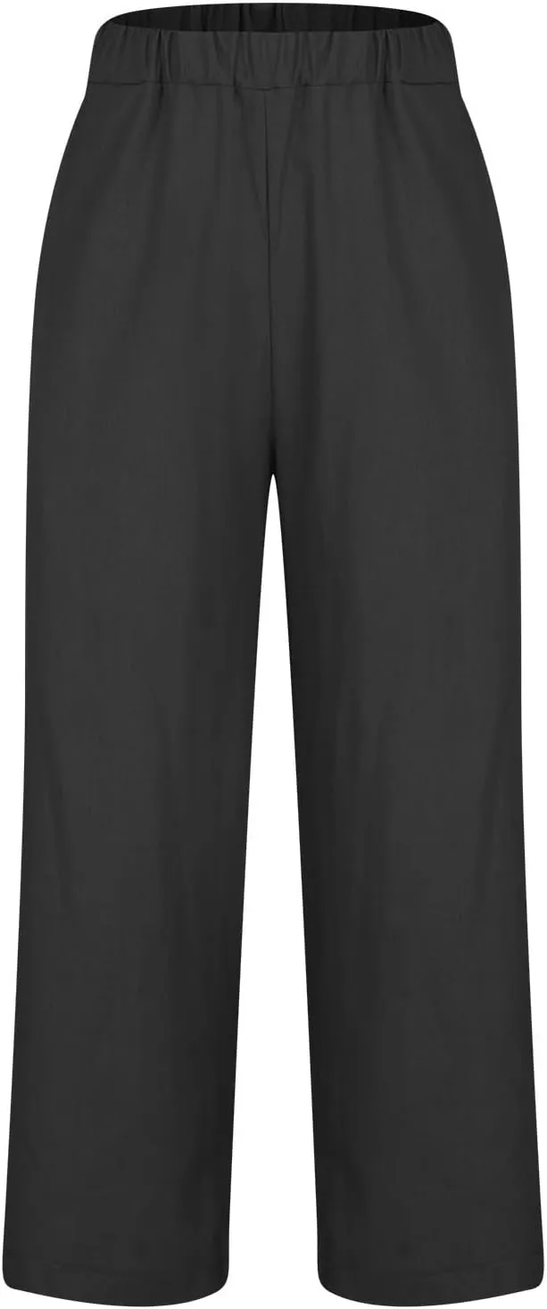 Womens Linen Pants with Pockets Casual Ankle Pant High Waist Comfy Lightweight Loose Trousers Beach Cropped Pants