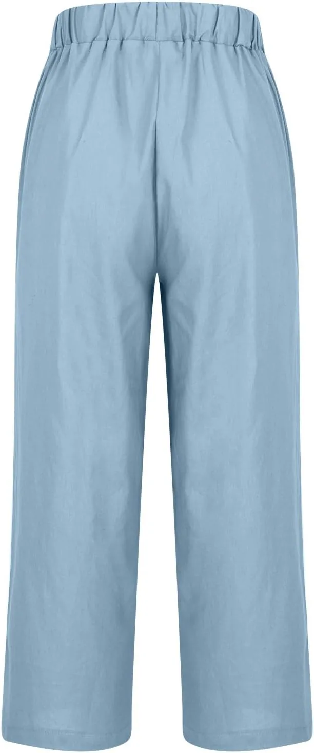 Womens Linen Pants with Pockets Casual Ankle Pant High Waist Comfy Lightweight Loose Trousers Beach Cropped Pants