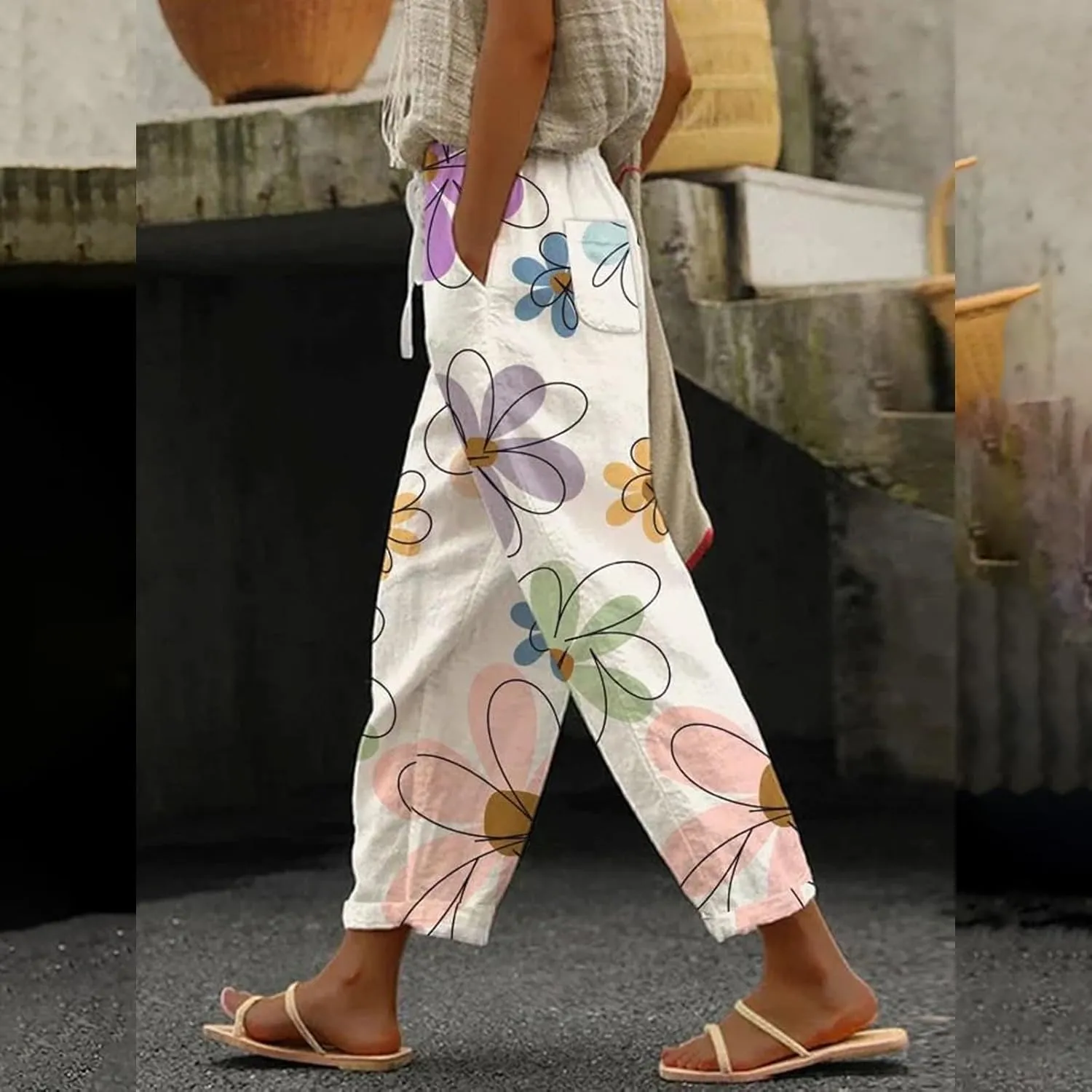 Womens Linen Pants with Pockets Drawstring Pants Drawstring Loose Fit Summer Linen Dress Women