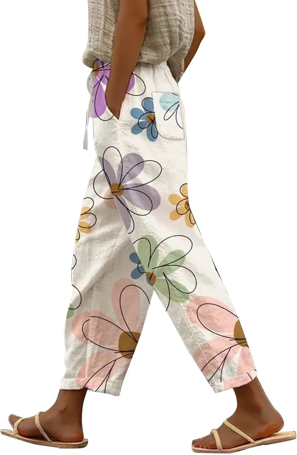 Womens Linen Pants with Pockets Drawstring Pants Drawstring Loose Fit Summer Linen Dress Women