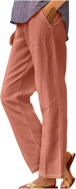 Womens Linen Pants with Pockets Lounge Pants 2025 High Waist Pants Comfy Gauze Pants Casua Lightweight Loose Trousers