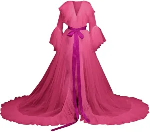 Women's Long Bridal Robes Tulle for Wedding Lingerie Maternity Bathrobe Photoshoot Illusion Wedding Scarf Party Nightgown