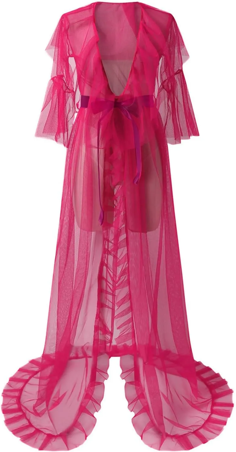 Women's Long Bridal Robes Tulle for Wedding Lingerie Maternity Bathrobe Photoshoot Illusion Wedding Scarf Party Nightgown