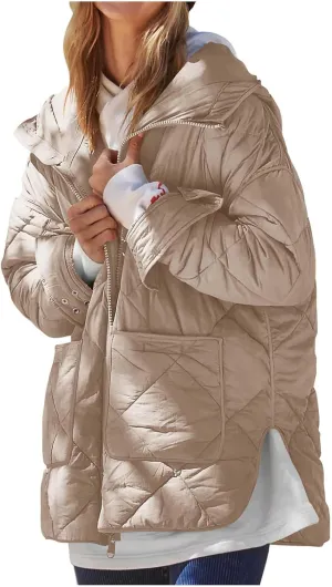 Women's Oversized Lightweight Down Coat Long Sleeve Side Slits Zip Short Puffer Jackets Outdoor Solid Quilted Jacket