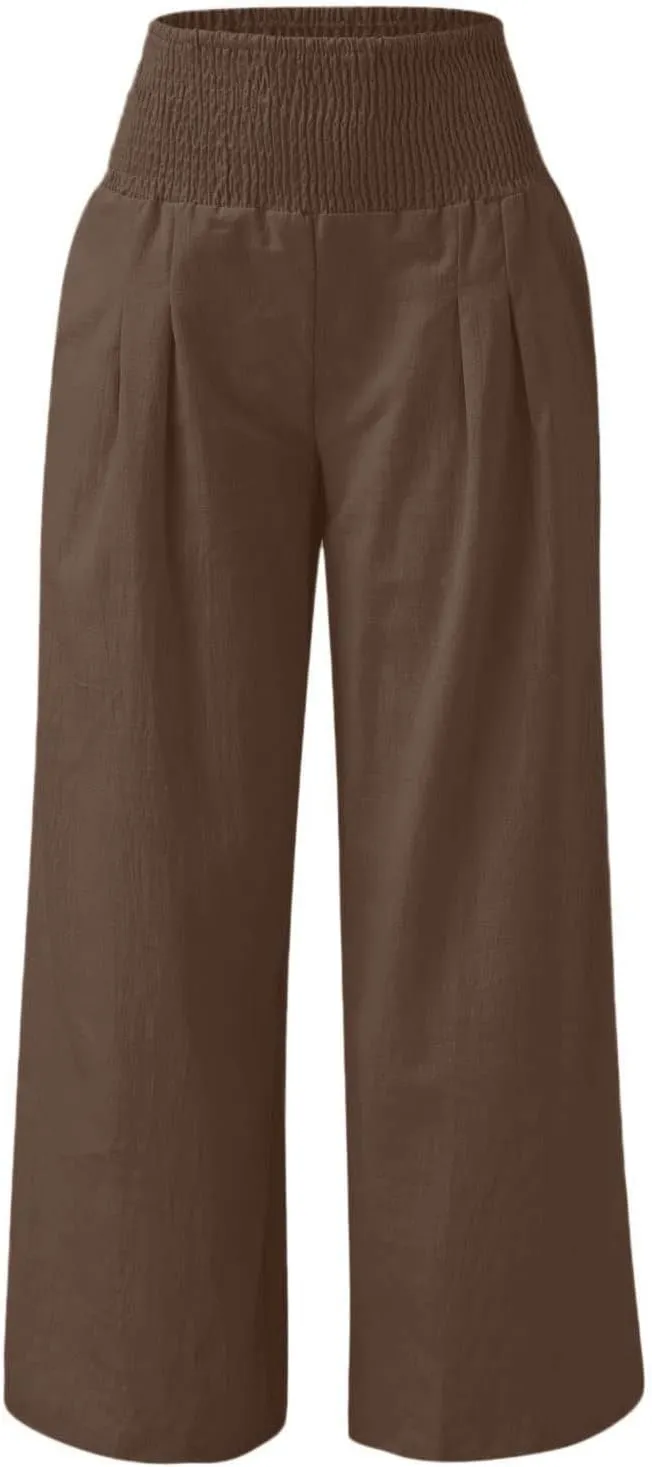Womens Palazzo Pants Casual Smocked Elastic High Waist Wide Leg Trousers Summer Beach Pants Flowy Linen Lounge Pants