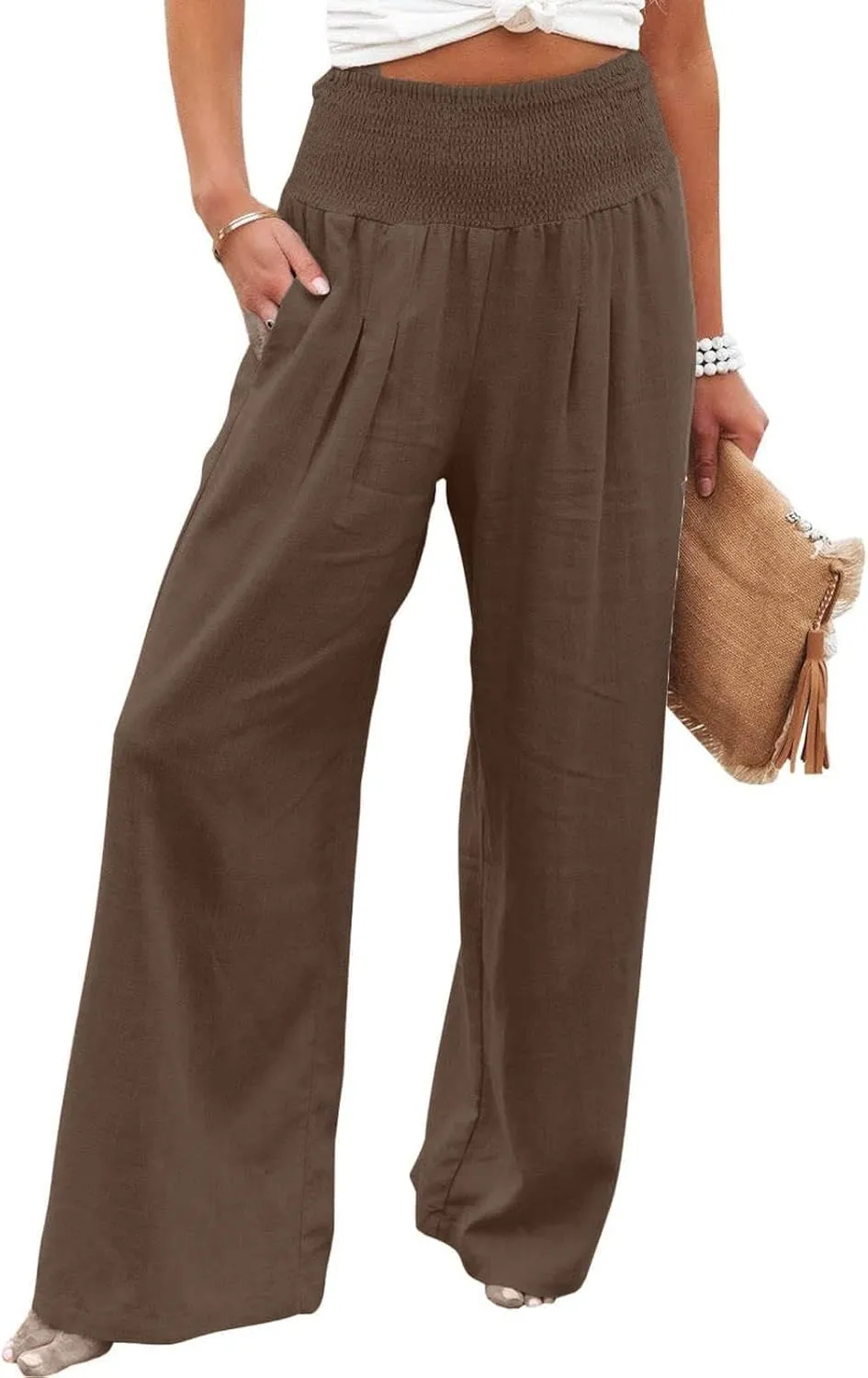 Womens Palazzo Pants Casual Smocked Elastic High Waist Wide Leg Trousers Summer Beach Pants Flowy Linen Lounge Pants