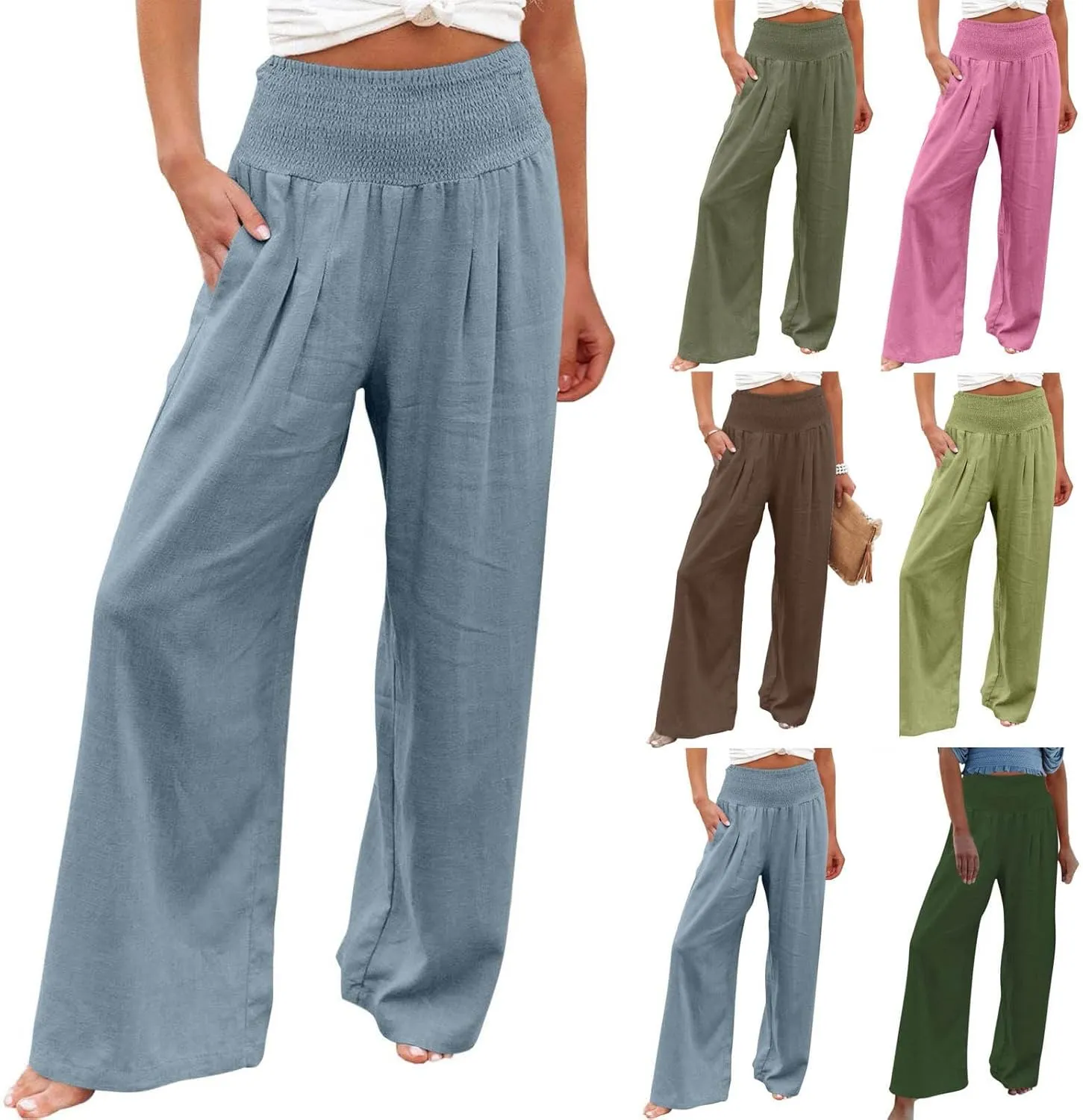 Womens Palazzo Pants Casual Smocked Elastic High Waist Wide Leg Trousers Summer Beach Pants Flowy Linen Lounge Pants