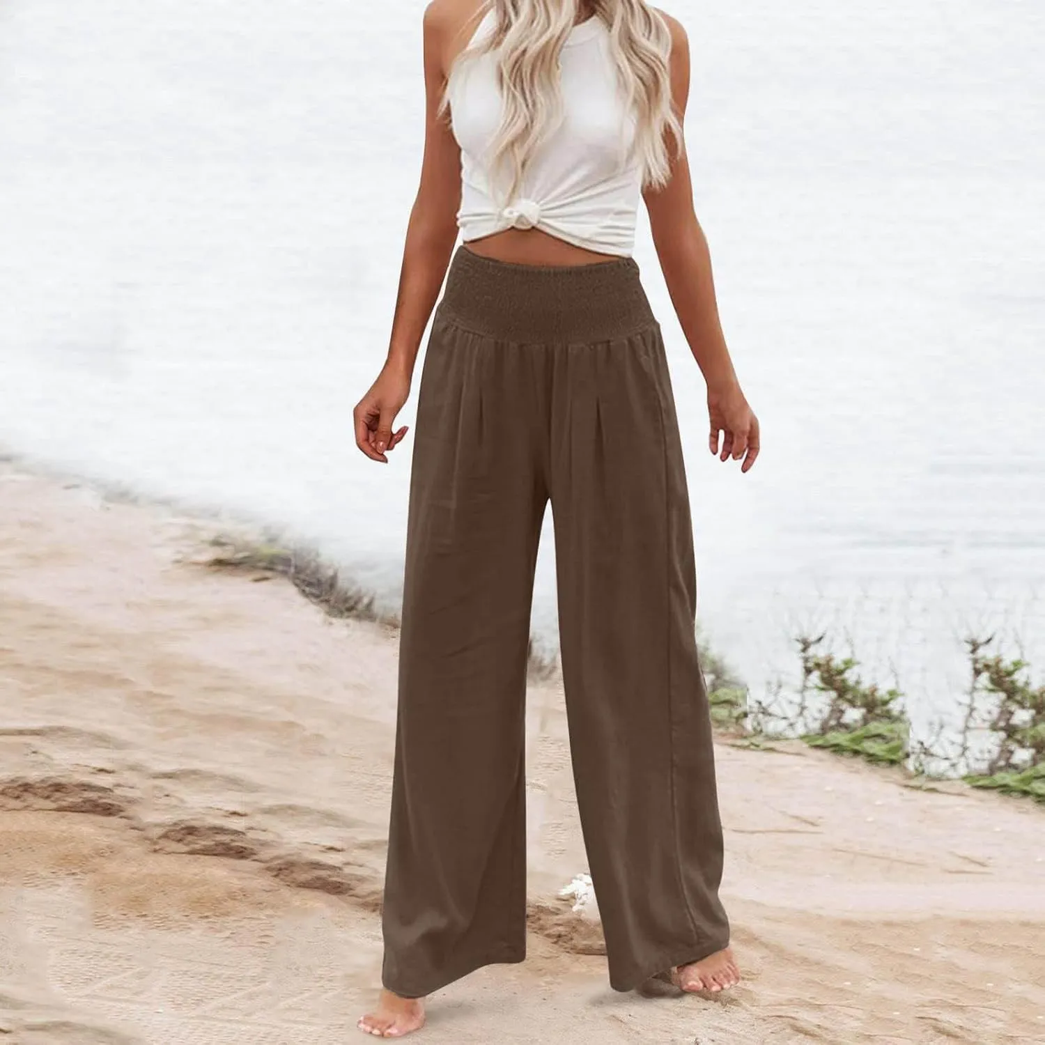 Womens Palazzo Pants Casual Smocked Elastic High Waist Wide Leg Trousers Summer Beach Pants Flowy Linen Lounge Pants