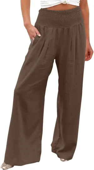 Womens Palazzo Pants Casual Smocked Elastic High Waist Wide Leg Trousers Summer Beach Pants Flowy Linen Lounge Pants