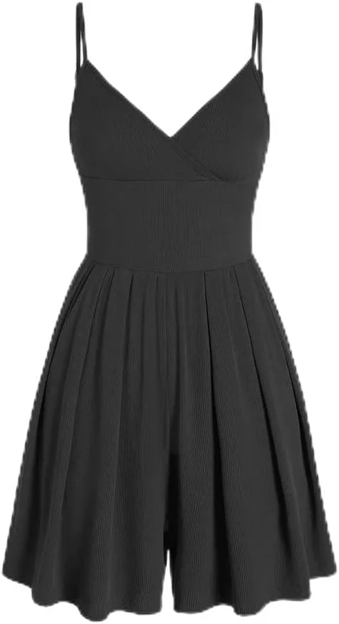 Women's Plain Backless Wrap Cami Romper V Neck Casual Adjustable Spaghetti Strap Wide Leg Jumpsuit for Summer with Pockets