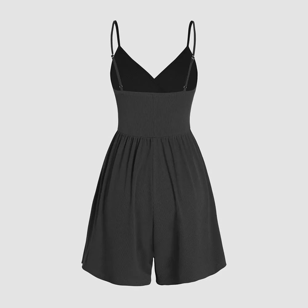 Women's Plain Backless Wrap Cami Romper V Neck Casual Adjustable Spaghetti Strap Wide Leg Jumpsuit for Summer with Pockets