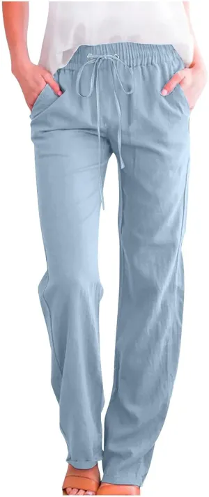 Women's Plus Size Linen Pans Straight Leg Casual Work Pants High Waisted Comfy Summer Pants Lightweight Lounge Pants