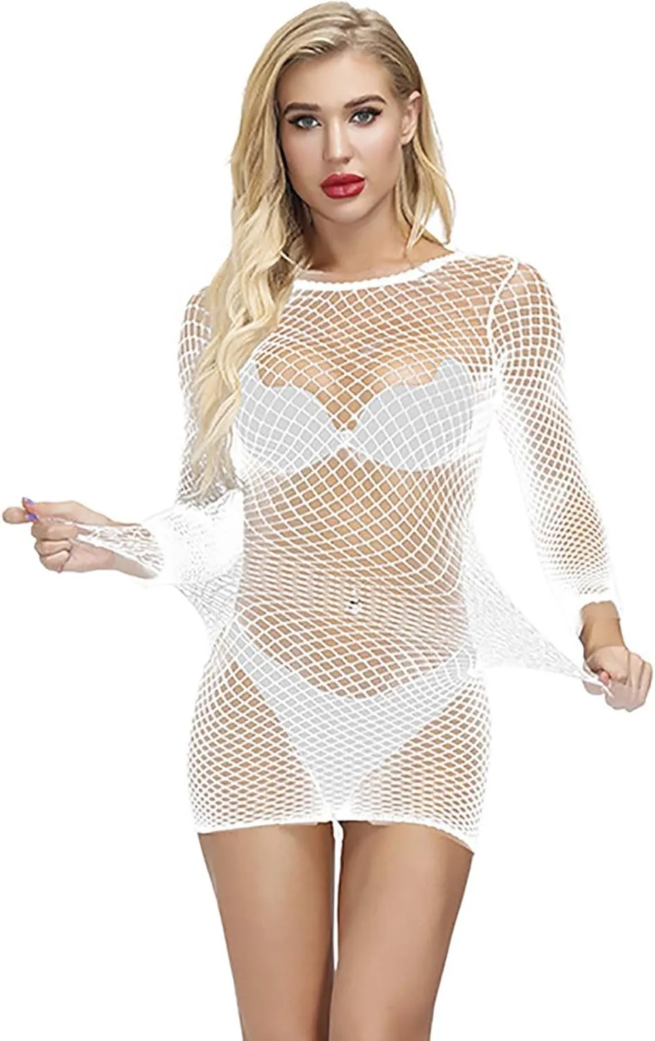 Womens Sexy Lingerie Scoop Neck Long Sleeves Full Body Stocking Mesh Bodysuit One Piece Jumpsuit Underwear Nightwear