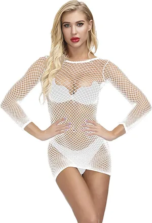 Womens Sexy Lingerie Scoop Neck Long Sleeves Full Body Stocking Mesh Bodysuit One Piece Jumpsuit Underwear Nightwear