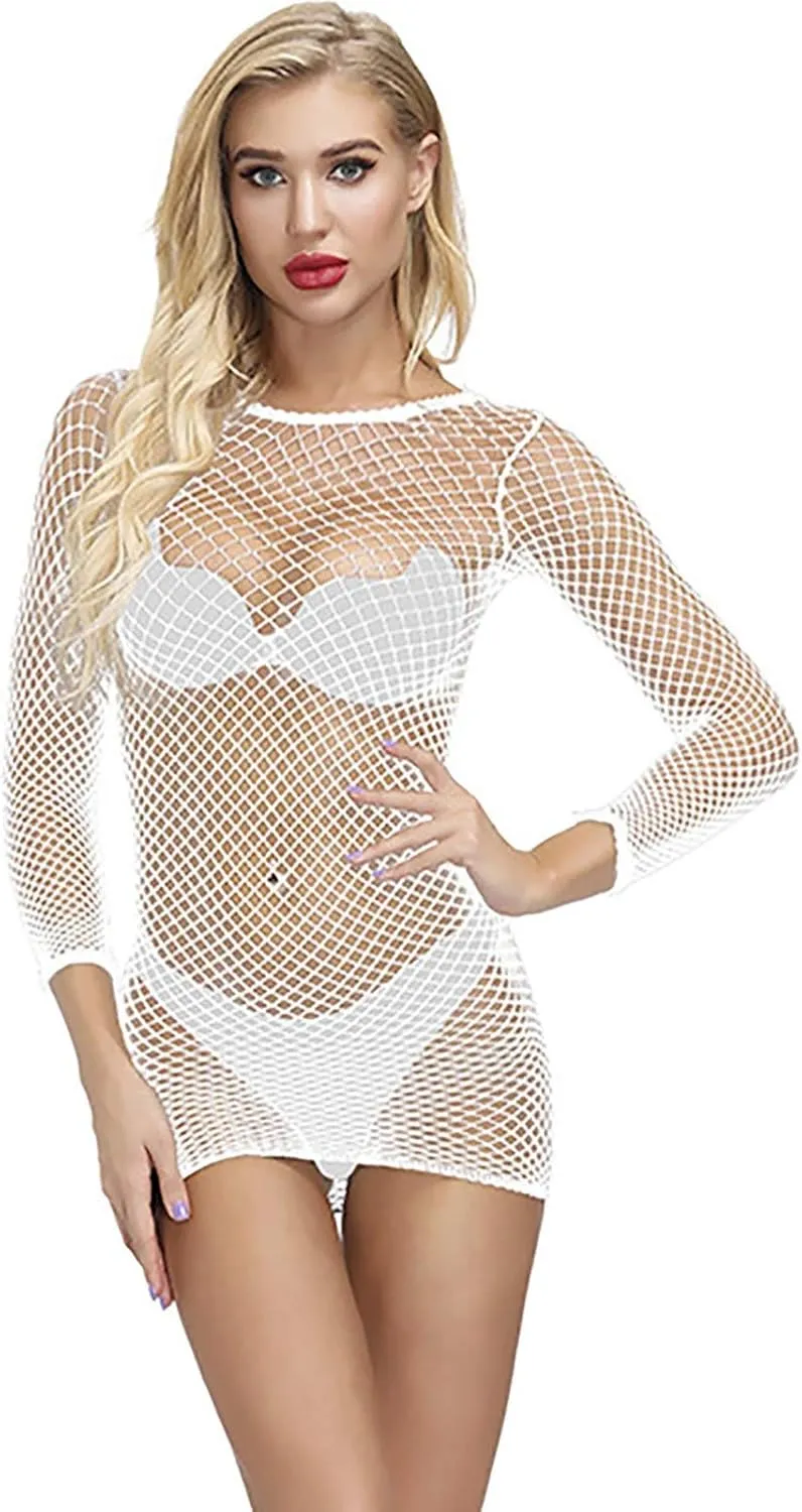 Womens Sexy Lingerie Scoop Neck Long Sleeves Full Body Stocking Mesh Bodysuit One Piece Jumpsuit Underwear Nightwear