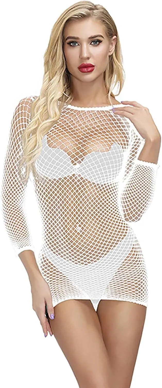 Womens Sexy Lingerie Scoop Neck Long Sleeves Full Body Stocking Mesh Bodysuit One Piece Jumpsuit Underwear Nightwear