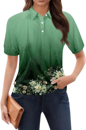 Womens Short Sleeve Tops Spring Button Down Polo Neck Shirts Lightweight Blouses Floral Print Outfits