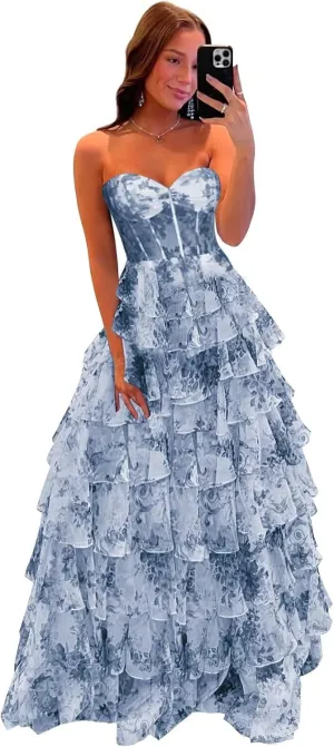 Women's Strapless Corset Prom Dresses Long Tiered Ball Gown Ruffle Floral Formal Evening Gown