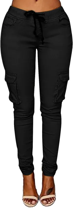 Women's Stretch Skinny Cargo Pants Casual High Waist Drawstring Cargo Joggers Butt Lift Pencil Trousers with Pockets