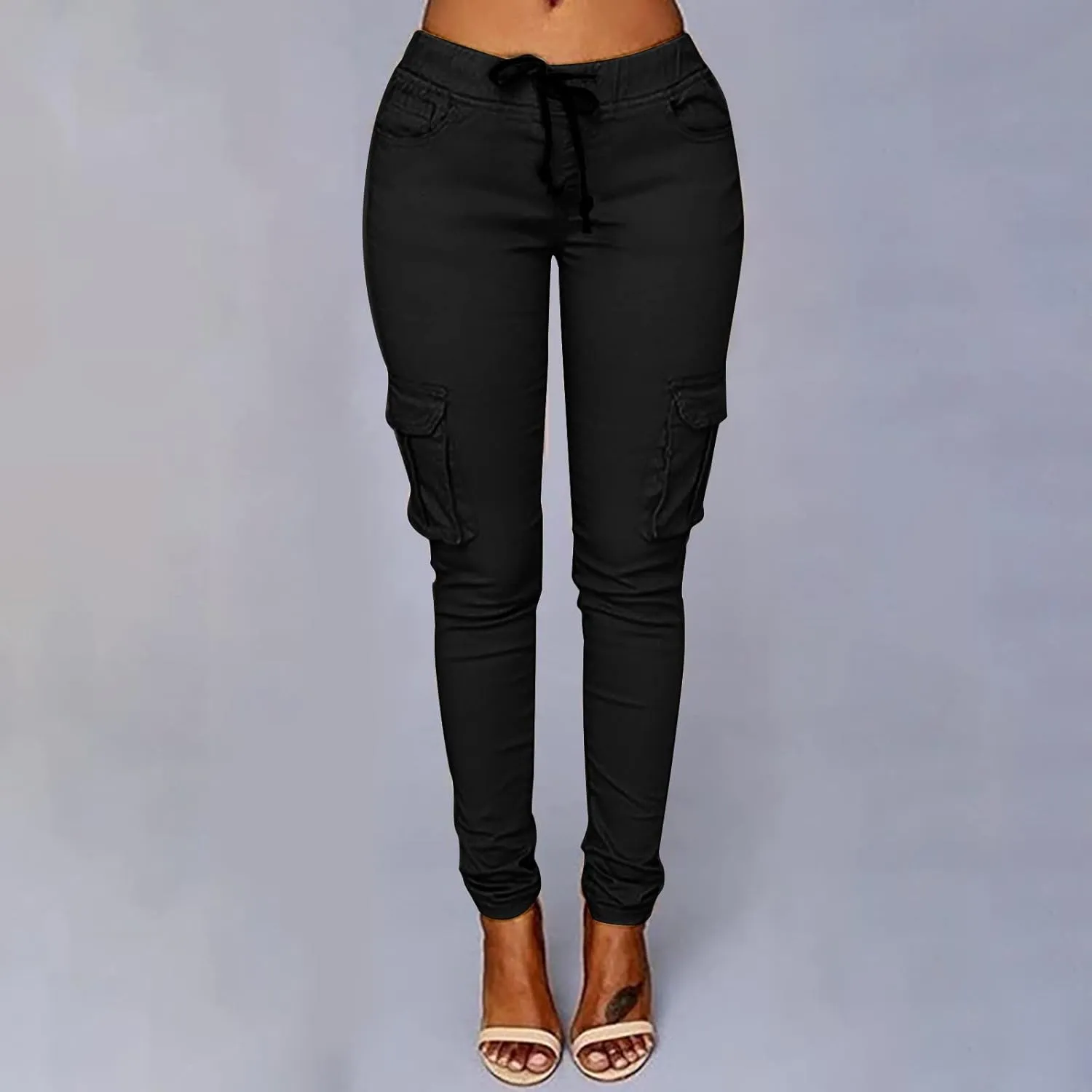 Women's Stretch Skinny Cargo Pants Casual High Waist Drawstring Cargo Joggers Butt Lift Pencil Trousers with Pockets