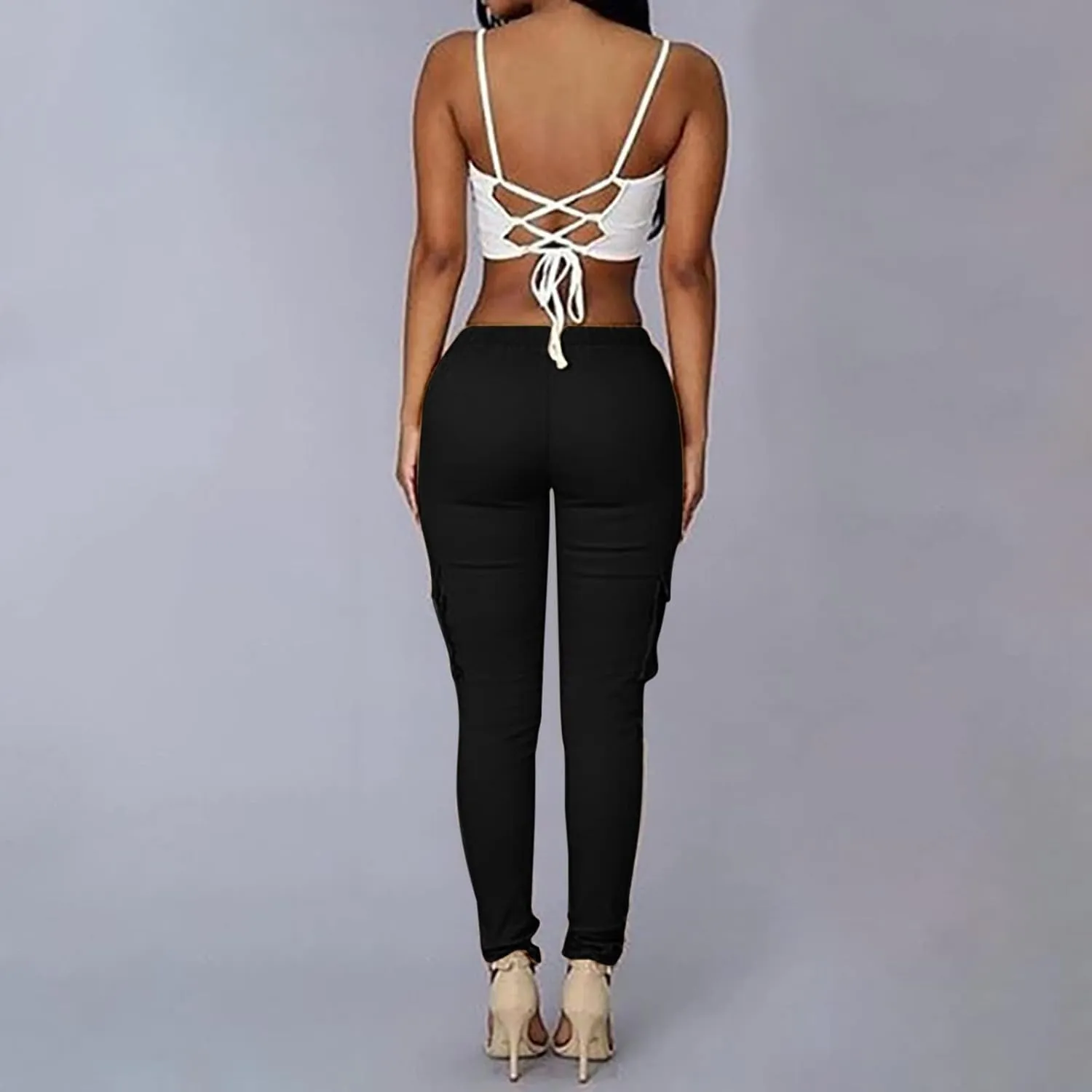 Women's Stretch Skinny Cargo Pants Casual High Waist Drawstring Cargo Joggers Butt Lift Pencil Trousers with Pockets