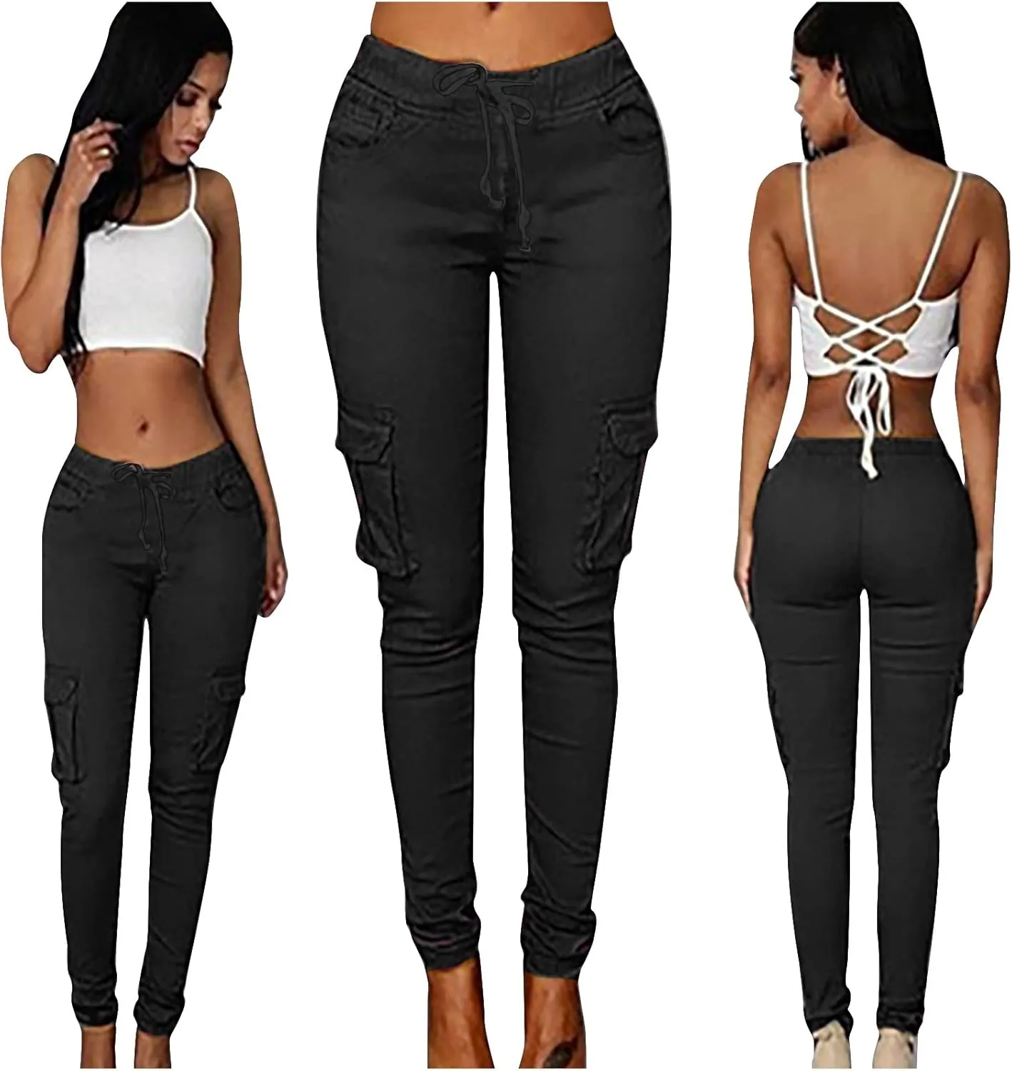 Women's Stretch Skinny Cargo Pants Casual High Waist Drawstring Cargo Joggers Butt Lift Pencil Trousers with Pockets