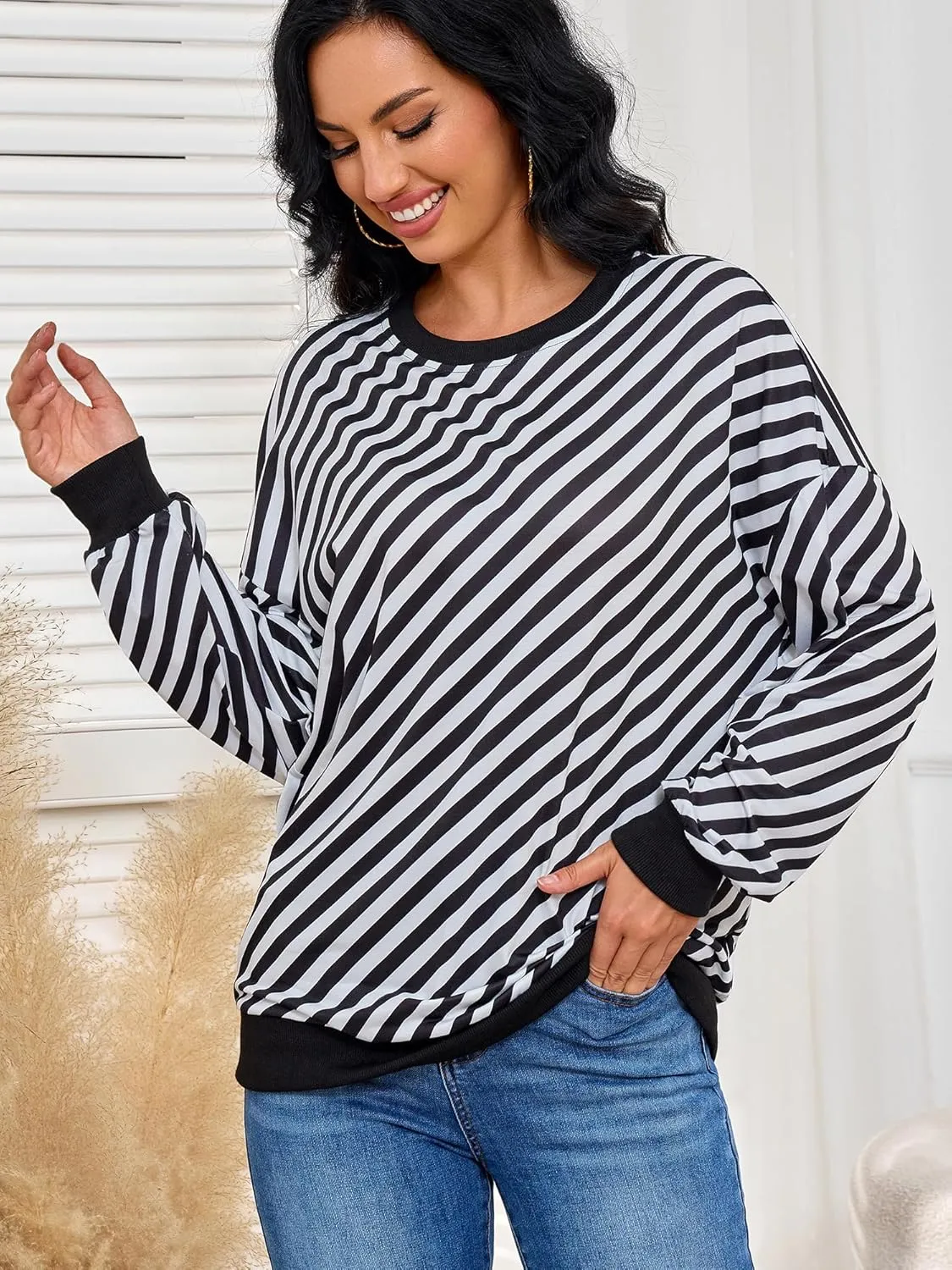 Womens Striped Sweatshirt Long Sleeve Crew Neck Casual Tops Fall Fashion 2024