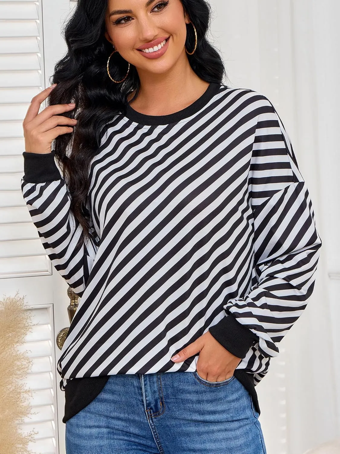 Womens Striped Sweatshirt Long Sleeve Crew Neck Casual Tops Fall Fashion 2024