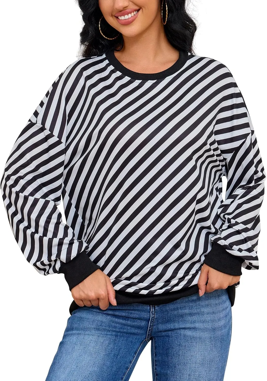 Womens Striped Sweatshirt Long Sleeve Crew Neck Casual Tops Fall Fashion 2024