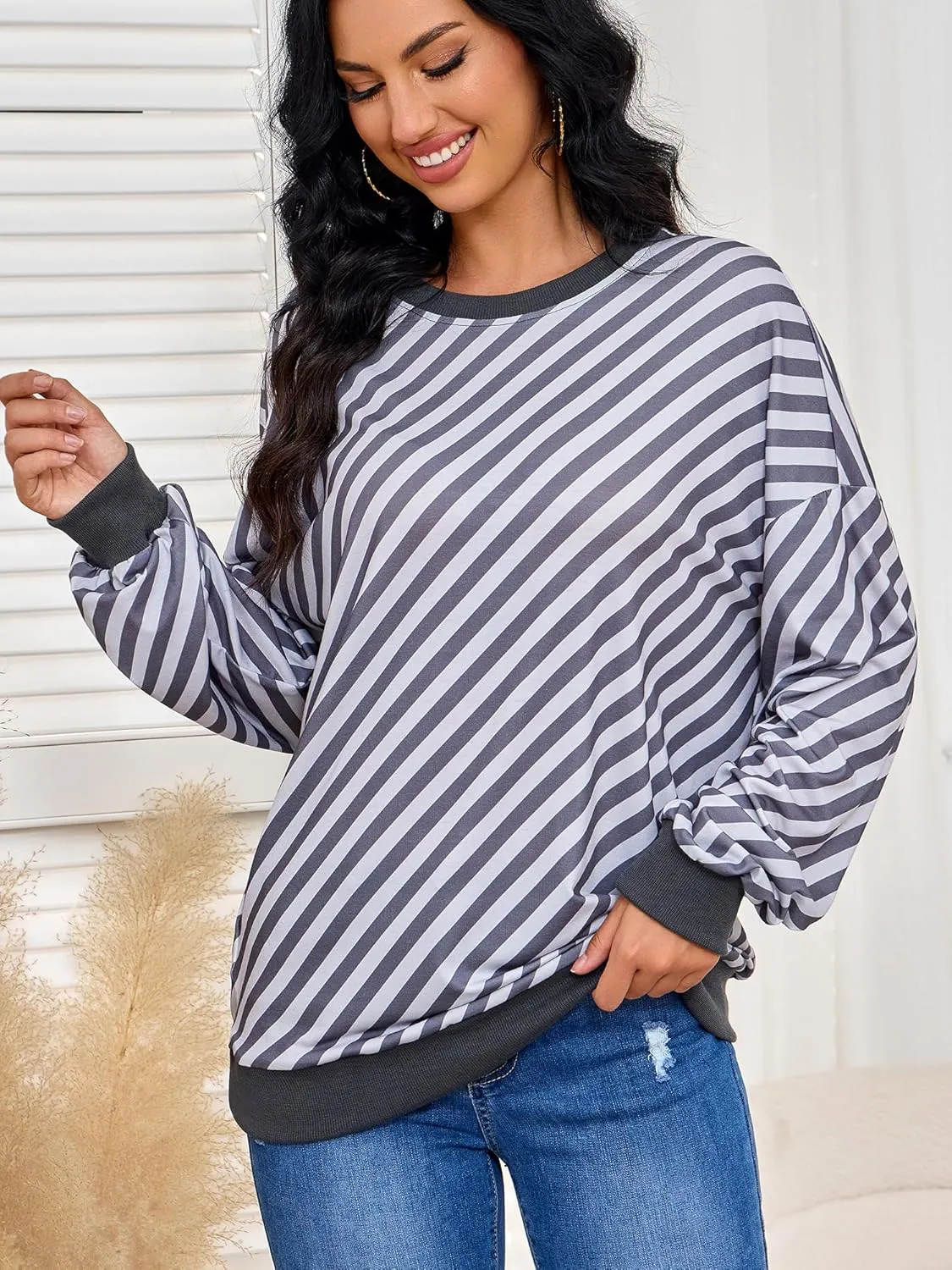 Womens Striped Sweatshirt Long Sleeve Crew Neck Casual Tops Fall Fashion 2024