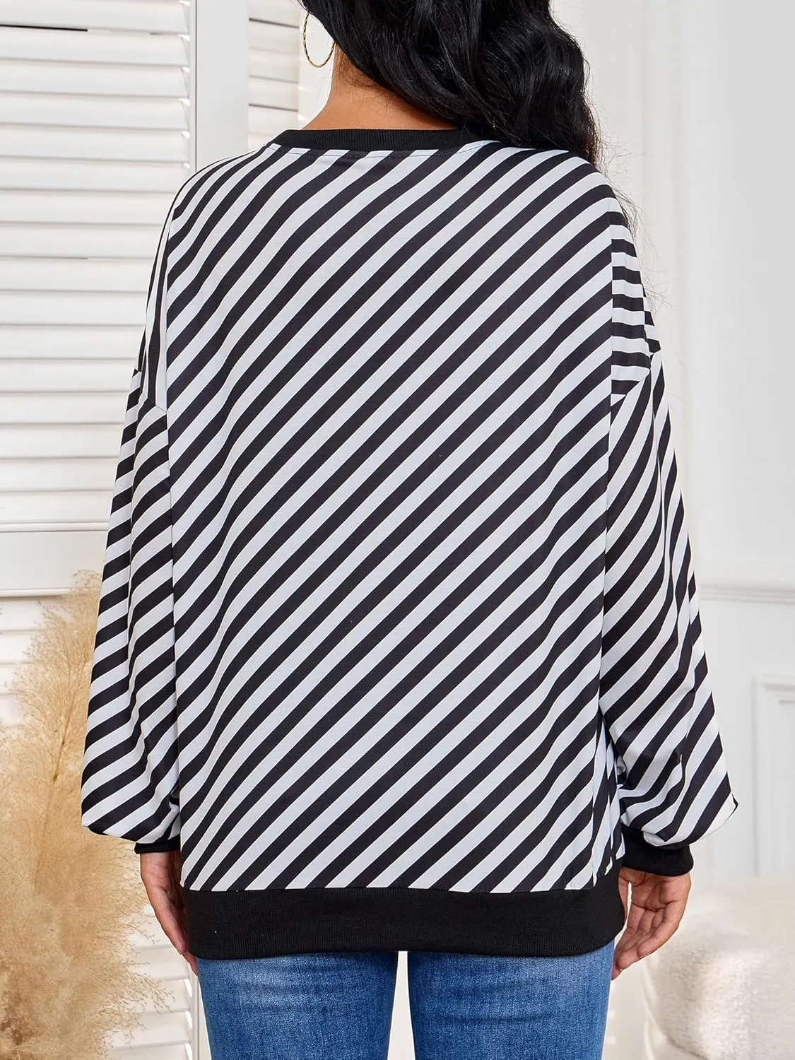 Womens Striped Sweatshirt Long Sleeve Crew Neck Casual Tops Fall Fashion 2024