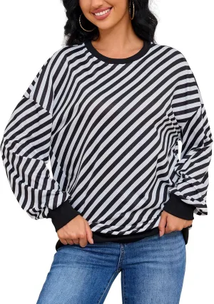 Womens Striped Sweatshirt Long Sleeve Crew Neck Casual Tops Fall Fashion 2024