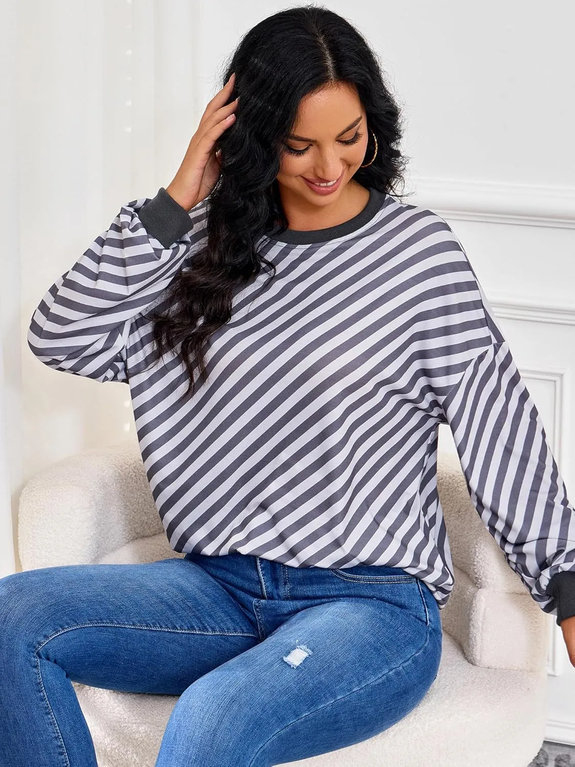 Womens Striped Sweatshirt Long Sleeve Crew Neck Casual Tops Fall Fashion 2024