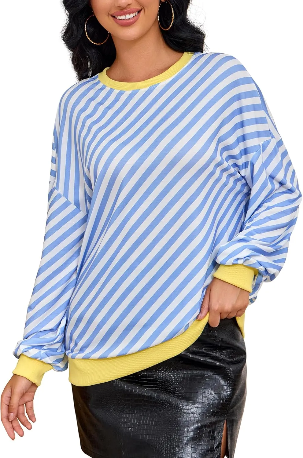 Womens Striped Sweatshirt Long Sleeve Crew Neck Casual Tops Fall Fashion 2024