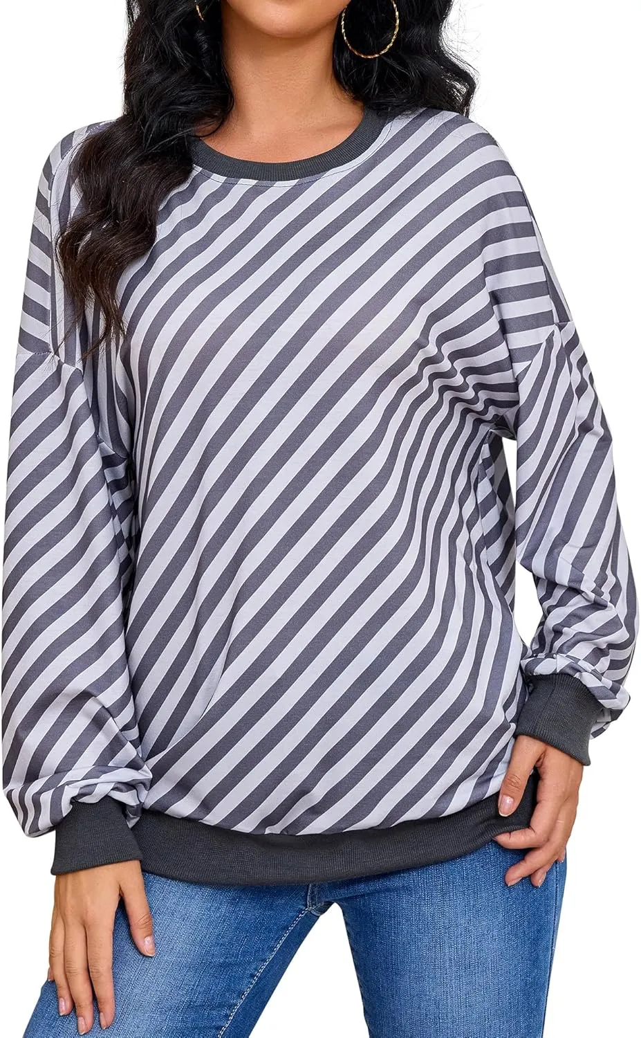 Womens Striped Sweatshirt Long Sleeve Crew Neck Casual Tops Fall Fashion 2024