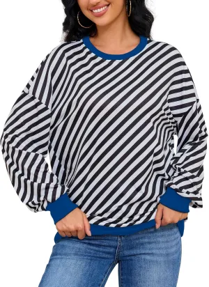 Womens Striped Sweatshirt Long Sleeve Crew Neck Casual Tops Fall Fashion 2024