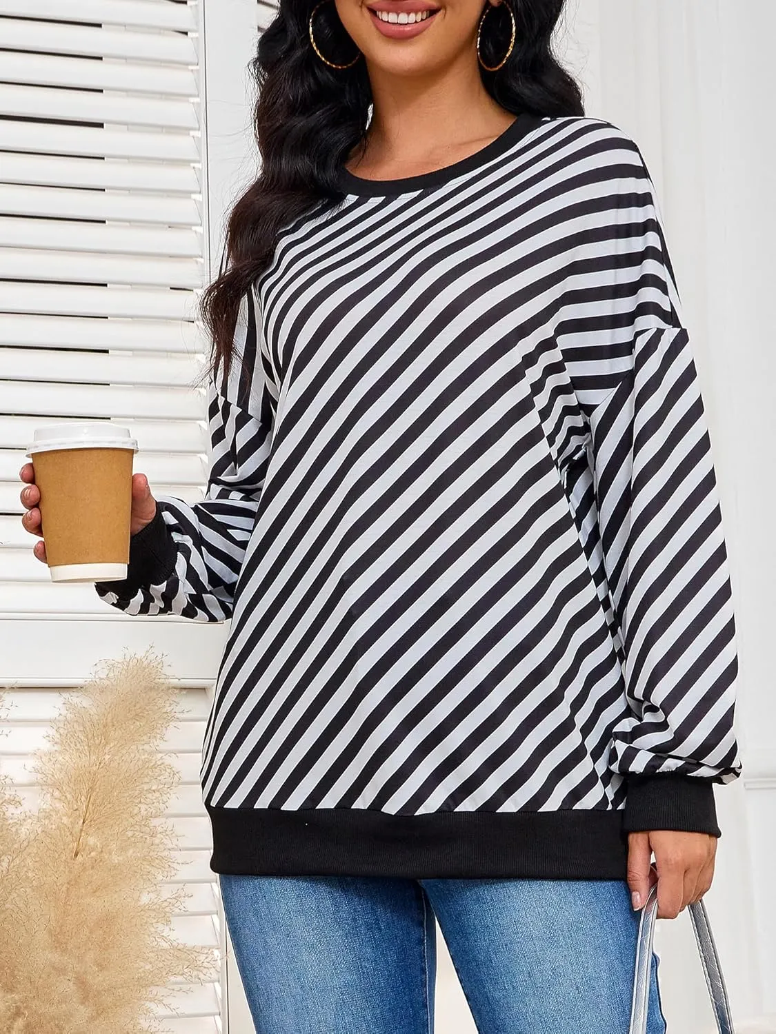 Womens Striped Sweatshirt Long Sleeve Crew Neck Casual Tops Fall Fashion 2024