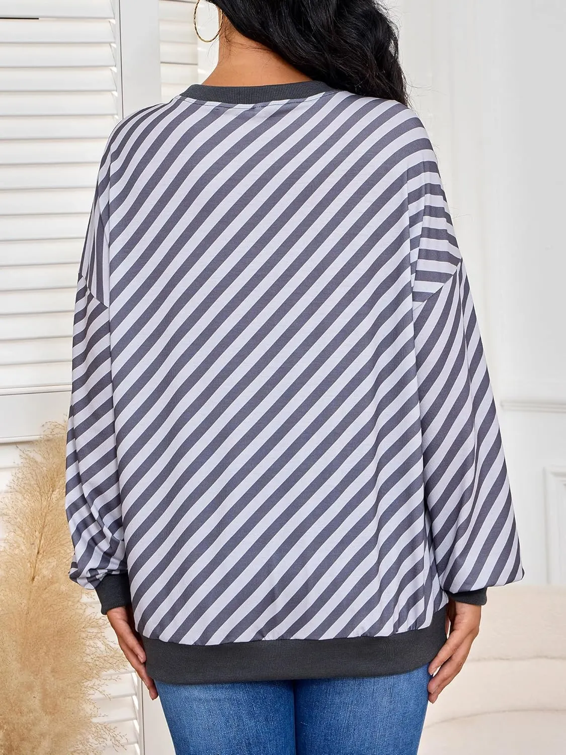 Womens Striped Sweatshirt Long Sleeve Crew Neck Casual Tops Fall Fashion 2024