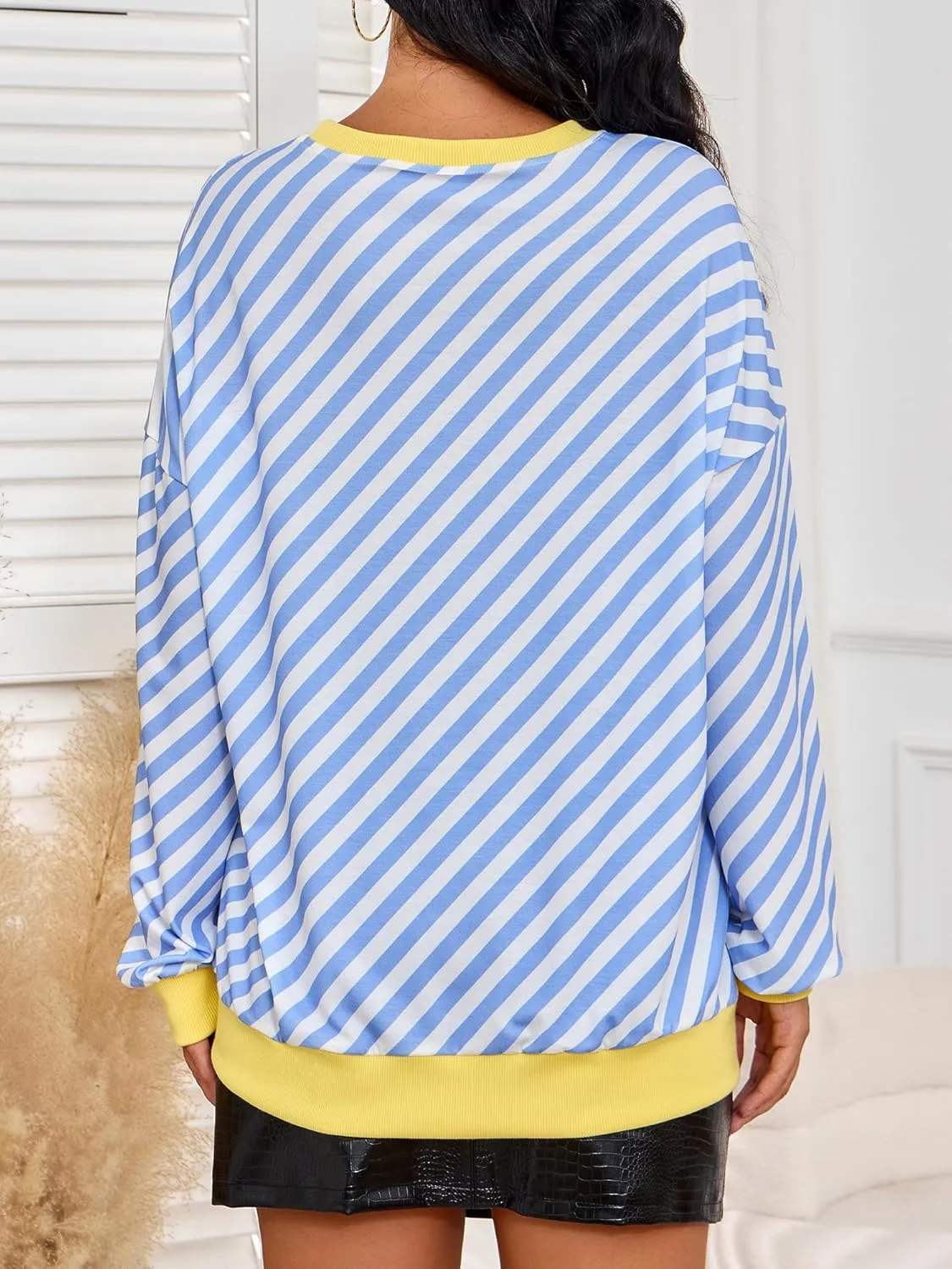 Womens Striped Sweatshirt Long Sleeve Crew Neck Casual Tops Fall Fashion 2024