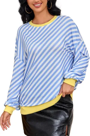 Womens Striped Sweatshirt Long Sleeve Crew Neck Casual Tops Fall Fashion 2024