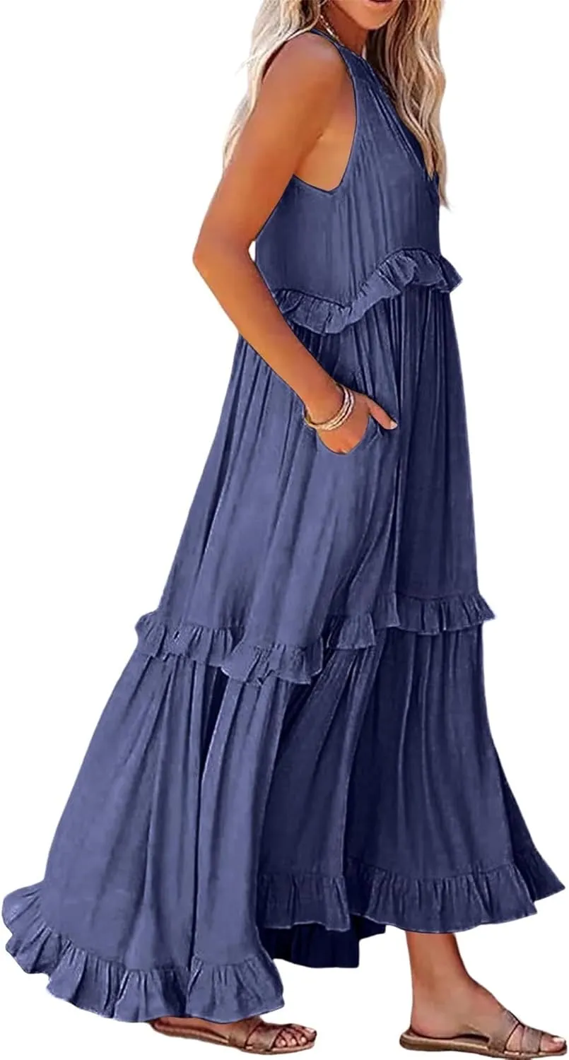 Women'S Summer Beach Dresses for Maxi Dress Long Tiered Ruffle Dress Sleeveless Flowy Boho Sundress Beige