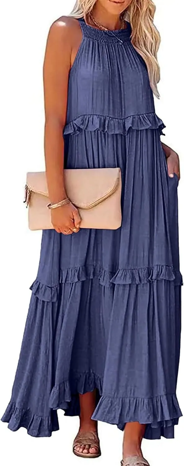 Women'S Summer Beach Dresses for Maxi Dress Long Tiered Ruffle Dress Sleeveless Flowy Boho Sundress Beige