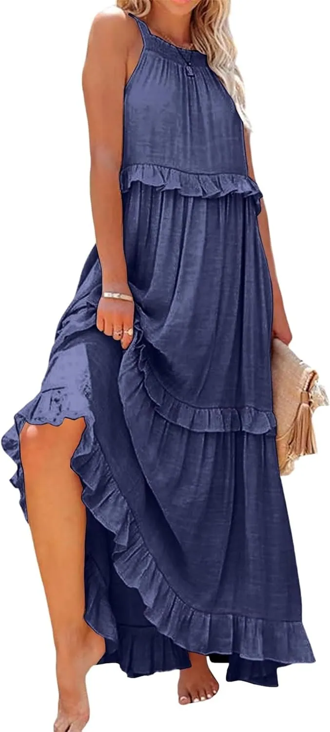 Women'S Summer Beach Dresses for Maxi Dress Long Tiered Ruffle Dress Sleeveless Flowy Boho Sundress Beige