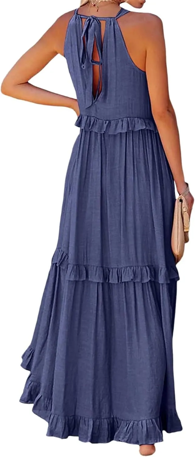 Women'S Summer Beach Dresses for Maxi Dress Long Tiered Ruffle Dress Sleeveless Flowy Boho Sundress Beige