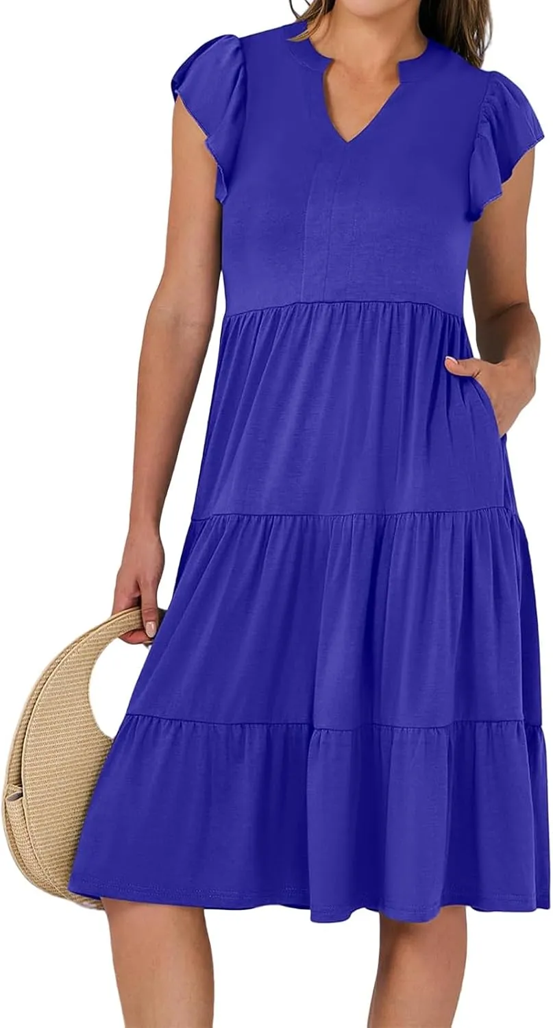 Womens Summer Casual Maxi Dress Ruffle Sleeve V Neck Midi Dresses Flowy Tiered A-Line Boho Beach Vacation Sundress
