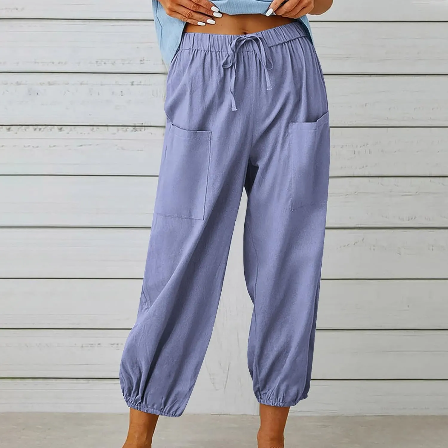 Womens Summer Linen Crop Pants Wide Leg Pants Cotton Linen Pants Elastic Waist Carips Pants Casual Oversized Trousers